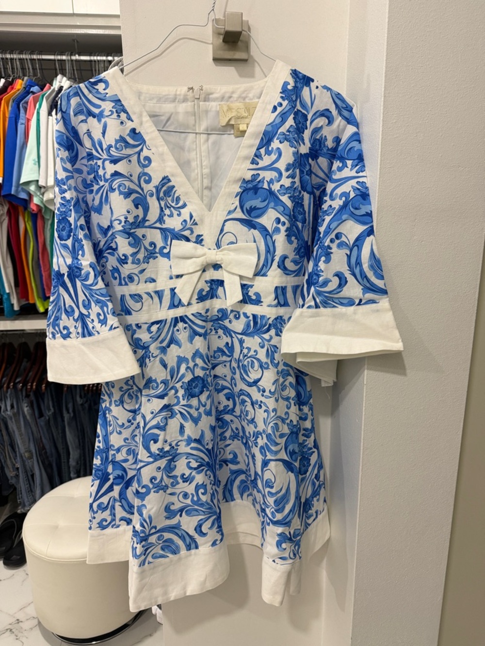 Mestiza White & Blue V-Neck Mini Dress with Bow Accent